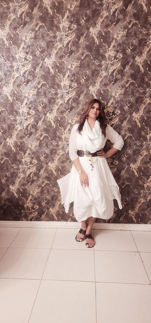 White Drape Dress with Scarf